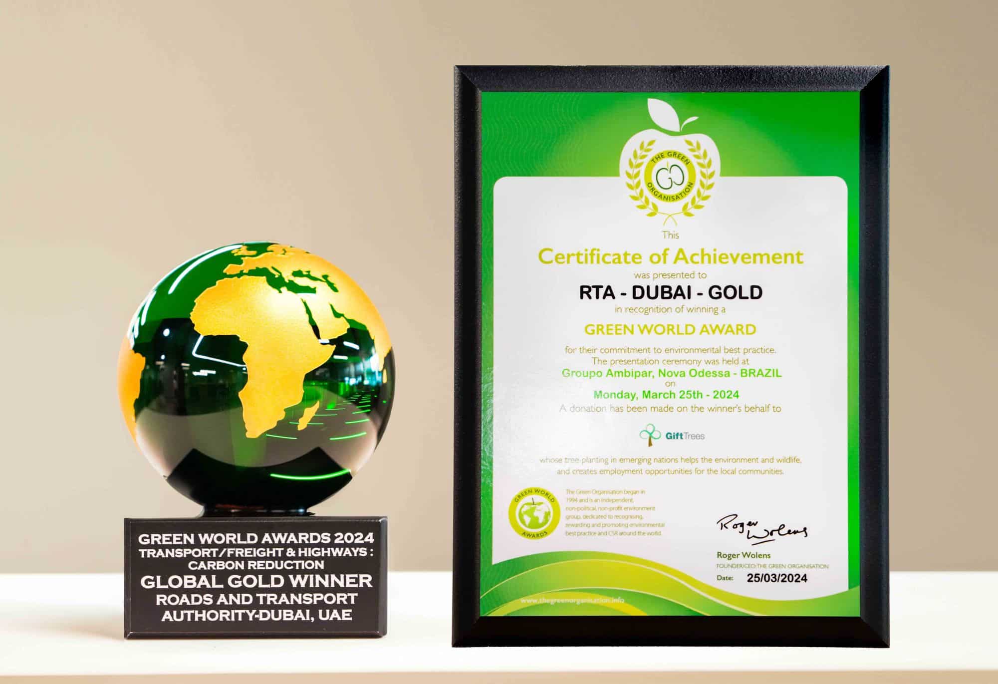 RTA wins Global Gold at Green World Awards for Route 2020’s Environmental Sustainability Practices