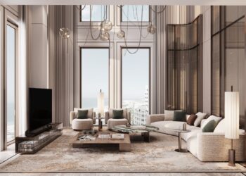 The Sky Palace at the Waldorf Residences, Ras Al Khaimah, spans approximately 10,000 square feet across three levels and crowns the uppermost floors of the beachfront tower