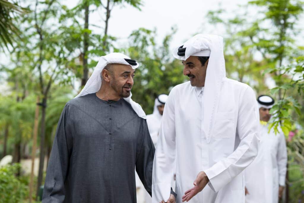 UAE President Sheikh Mohamed bin Zayed Al Nahyan and Qatari Emir Sheikh Tamim bin Hamad Al Thani discuss regional developments, security, and the impact on maritime stability and the global economy during their meeting