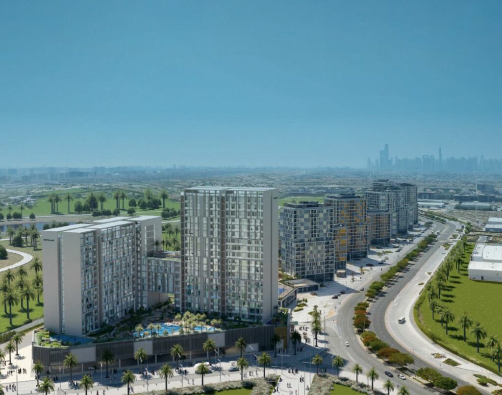 Jannat Midtown by Deyaar, modern residential towers surrounded by lush green landscapes and vibrant community living in Dubai Production City